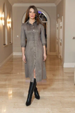 Taupe Faux Suede Popper Front Shirt Dress -Opal & Oak Store b8fc1a992250f15920235a4e95d1d9ad90a5d23d