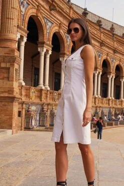 White Silver Button Front Sleeveless Denim Dress -Opal & Oak Store be9a2b3218cb8b1b831e9e2a66c99ee8d4d9189f