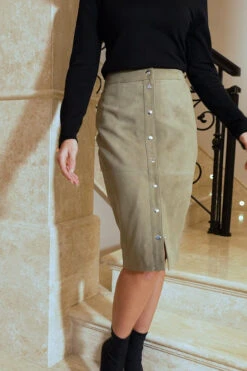 Sage Green Suede Popper Front Pencil Skirt -Opal & Oak Store c64b585fb160371b4eed9226782d902c05b09f3f