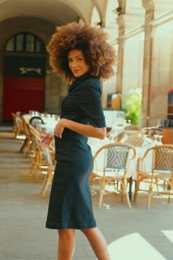 Black Buckle Detail Zip Front Denim Pencil Dress -Opal & Oak Store cd59f7d304db44cc17e89cc60bded0608018116f