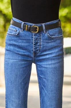 Black Croc Leather Waist Belt With Gold Trim