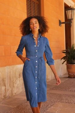Mid Blue Popper Front Belted Denim Midi Dress -Opal & Oak Store d1a2433709745a071a4fb2ab6af8104b9574aa9d