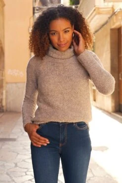 Camel Roll Neck Boucle Slouch Jumper -Opal & Oak Store d2913b620ab823392f243bb2d49ead123fc62b7f