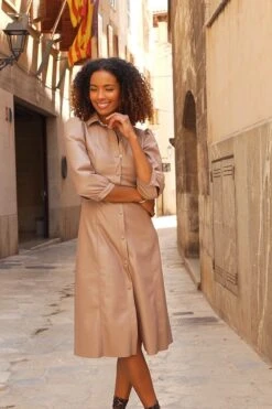 Taupe Faux Leather Popper Front Shirt Dress -Opal & Oak Store e20df63dd4176093cf70c6080c0ac87f450d9760