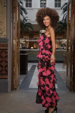 Black & Pink Floral Print Ruffle Detail Maxi Dress -Opal & Oak Store e5aabd4b9fa38519dca57bd7f95abbd9dafc8837