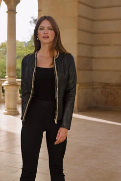 Black Round Neck Leather Jacket With Gold Chain Detail -Opal & Oak Store ede434bc52309c254bef3001fe86db45f6e170d8