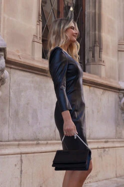 Black Gathered Sleeve Faux Leather Dress -Opal & Oak Store f858acfb022753f3c0715c8b007e0293f5978f36