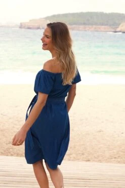 Indigo Blue Button Front Bardot Denim Dress -Opal & Oak Store fa4785bc75fbc6d25c65f8917b935a326716cceb