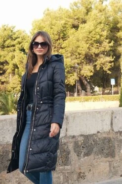 Black Longline Padded Coat With Hood -Opal & Oak Store fbca08db5b8e3f160ceed9a2c4acf77ef14bfd46