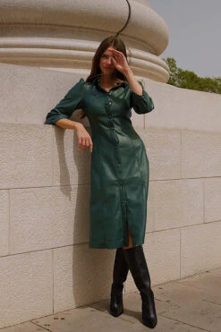 Green Faux Leather Popper Front Shirt Dress -Opal & Oak Store fce450887f32cd148a6a5cf014112fefc92bd1ef