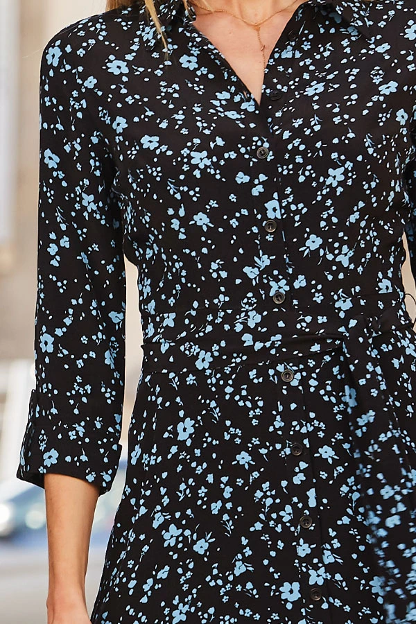 Black & Blue Ditsy Floral Print Midi Shirt Dress 4 Black & Blue Ditsy Floral Print Midi Shirt Dress - Image 4
