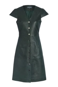 Dark Green Leather V Neck Popper Front Dress -Opal & Oak Store greenleatherbuttonupdress