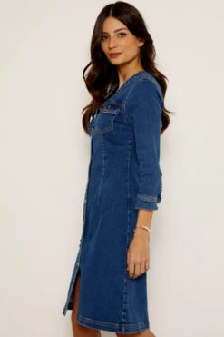 Indigo V Neck Button Front Denim Dress 8 Indigo V Neck Button Front Denim Dress -Opal & Oak Store indigo button