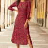 Red & Black Animal Print Keyhole Detail Midi Jersey Dress