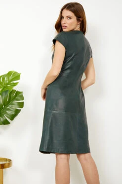 Dark Green Leather V Neck Popper Front Dress -Opal & Oak Store s20dl01gn 1 13