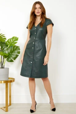 Dark Green Leather V Neck Popper Front Dress -Opal & Oak Store s20dl01gn 1