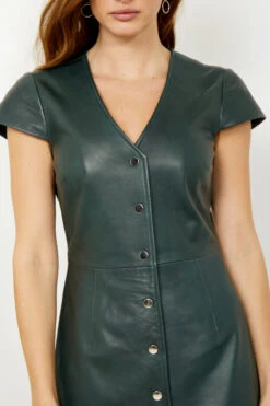 Dark Green Leather V Neck Popper Front Dress -Opal & Oak Store s20dl01gn 1 14