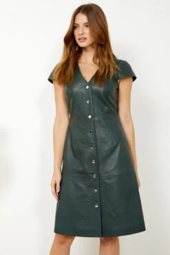 Dark Green Leather V Neck Popper Front Dress -Opal & Oak Store s20dl01gn 1 7