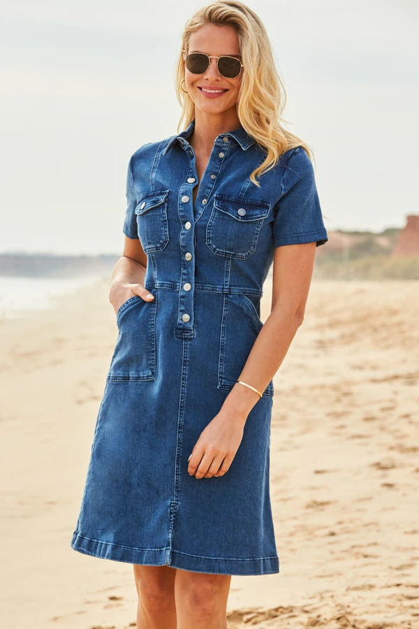 Indigo Blue Popper Front Short Sleeve Stretch Denim Dress 6 Indigo Blue Popper Front Short Sleeve Stretch Denim Dress - Image 6