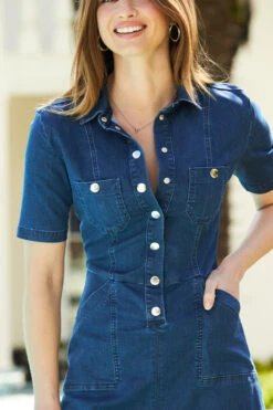 Indigo Blue Popper Front Short Sleeve Denim Dress -Opal & Oak Store s7 s2dd049 069