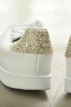 Victoria Cava Gold Glitter Back White Leather Trainers -Opal & Oak Store shoes 125