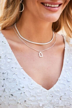 Silver Square Pendant Slinky Chain Layered Necklace -Opal & Oak Store silver necklace 6