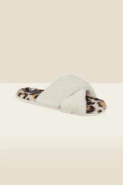 Cream Leopard Print Cross Strap Faux Fur Mule Slippers