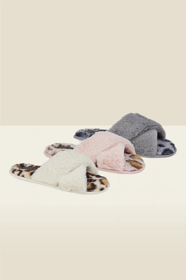 Cream Leopard Print Cross Strap Faux Fur Mule Slippers 2 Cream Leopard Print Cross Strap Faux Fur Mule Slippers - Image 2
