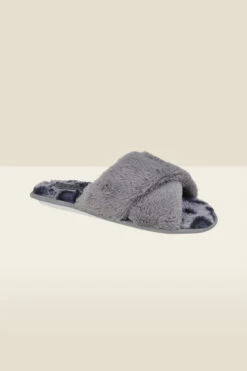 Grey Leopard Print Cross Strap Faux Fur Mule Slippers