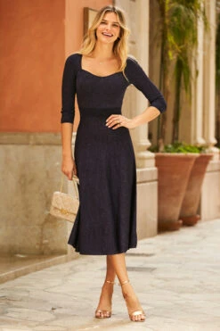 Navy Blue Metallic Sweetheart Neckline Fit & Flare Knitted Dress