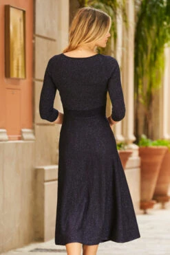 Navy Blue Metallic Sweetheart Neckline Fit & Flare Knitted Dress -Opal & Oak Store web 01 a21dk588 093