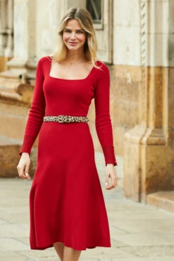 Red Square Neck Gold Button Cuff Knitted Midi Dress 13 Red Square Neck Gold Button Cuff Knitted Midi Dress -Opal & Oak Store web 02 a21dk570rd 139