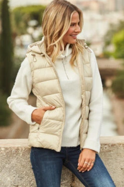 Stone Hooded Padded Gilet With Zip Pockets