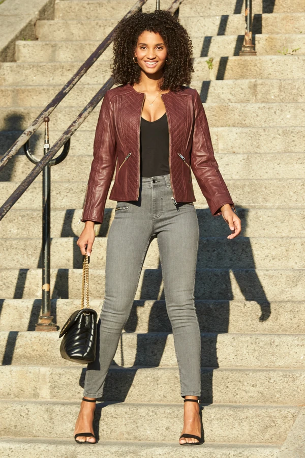 Burgundy Quilted Leather Collarless Jacket 3 Burgundy Quilted Leather Collarless Jacket - Image 3