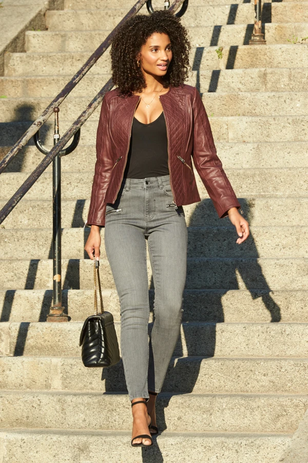 Burgundy Quilted Leather Collarless Jacket 4 Burgundy Quilted Leather Collarless Jacket - Image 4