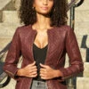 Burgundy Quilted Leather Collarless Jacket
