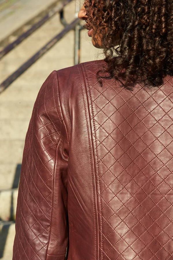 Burgundy Quilted Leather Collarless Jacket 7 Burgundy Quilted Leather Collarless Jacket - Image 7