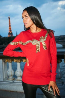 Red Gold Sequin Bow Knit Jumper