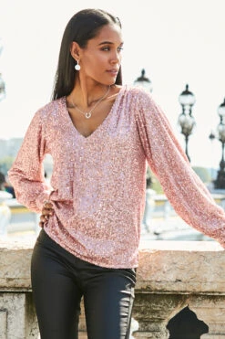 Rose Gold Sequin V Neck Blouson Sleeve Top -Opal & Oak Store web 16 s20tw100pk 073 2