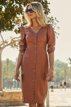 Tan Faux Leather Popper Front Pencil Dress With Pockets 10 Tan Faux Leather Popper Front Pencil Dress With Pockets -Opal & Oak Store web 21 a21dp004 095 1
