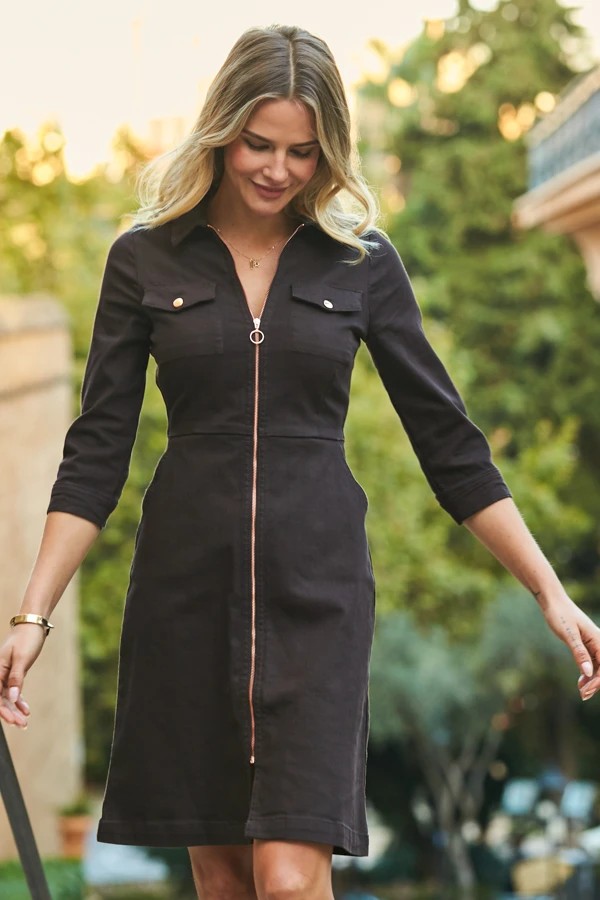 Chocolate Brown Zip Front Denim Dress With Pockets 3 Chocolate Brown Zip Front Denim Dress With Pockets - Image 3
