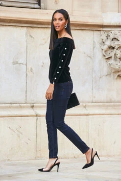 Black Velvet Embellished Sleeve Bardot Top -Opal & Oak Store web 76 a21tv002 058