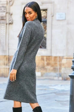 Charcoal Grey Roll Neck Rib Jumper Dress -Opal & Oak Store web 81 a21dk504gy s21fw004gy 247