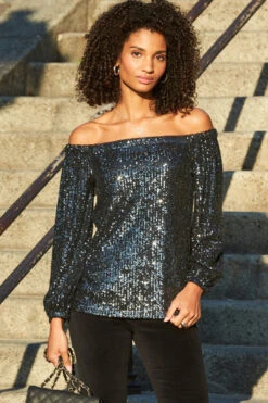 Black Sequin Luxe Bardot Top -Opal & Oak Store web 9 a21tw005 a20bd008bk 107