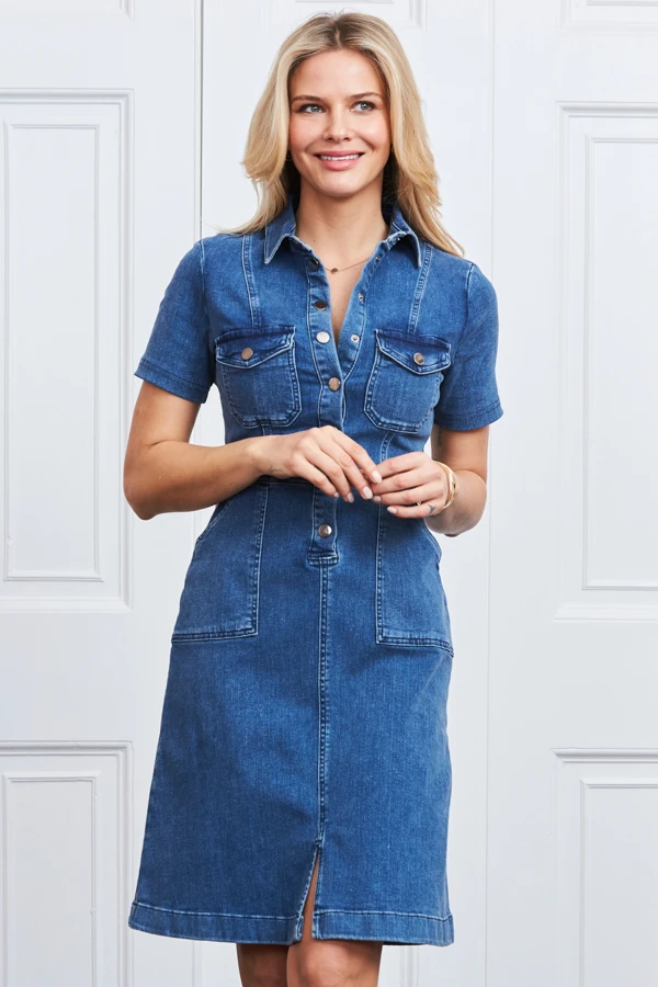 Indigo Blue Popper Front Short Sleeve Stretch Denim Dress 2 Indigo Blue Popper Front Short Sleeve Stretch Denim Dress - Image 2