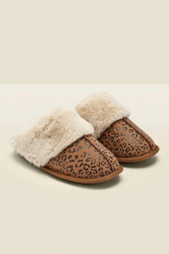 Leopard Print Suede Mule Slippers With Faux Fur Lining