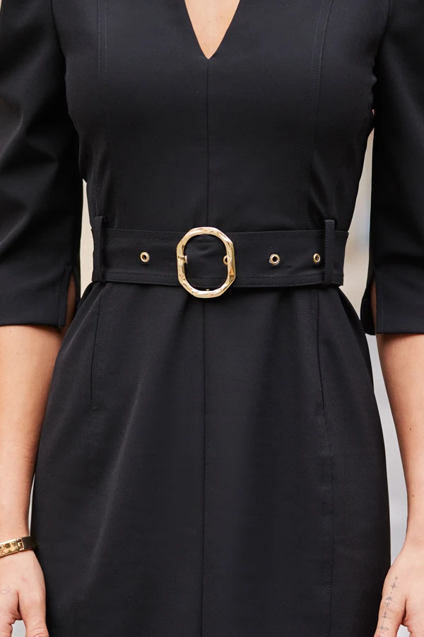 Black Ruched Shoulder Belted Pencil Dress 5 Black Ruched Shoulder Belted Pencil Dress - Image 5