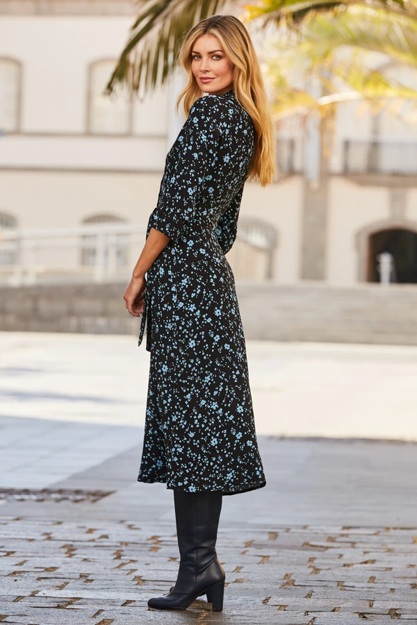 Black & Blue Ditsy Floral Print Midi Shirt Dress 3 Black & Blue Ditsy Floral Print Midi Shirt Dress - Image 3