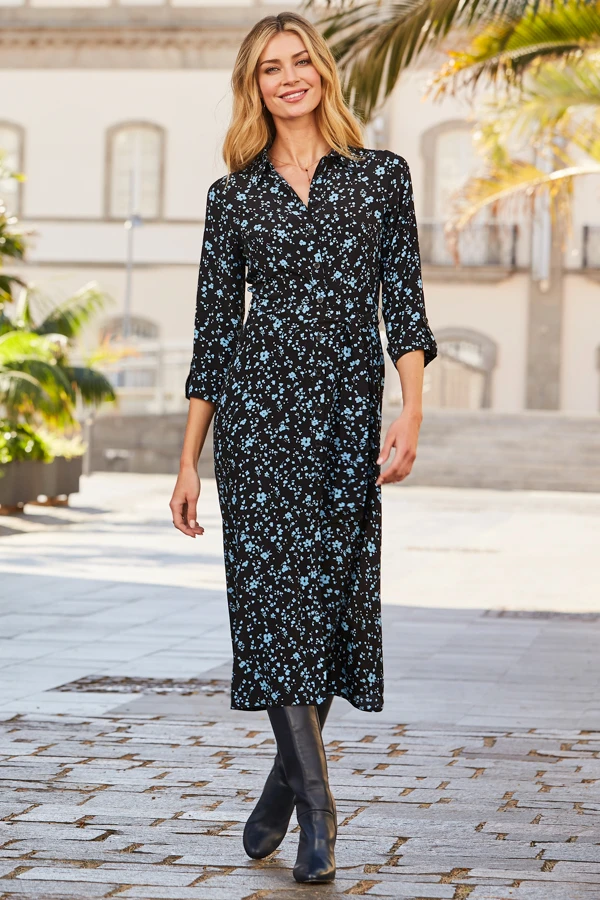Black & Blue Ditsy Floral Print Midi Shirt Dress 2 Black & Blue Ditsy Floral Print Midi Shirt Dress - Image 2