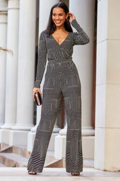 Black & White Geometric Print Wrap Front Wide Leg Jumpsuit With Pockets